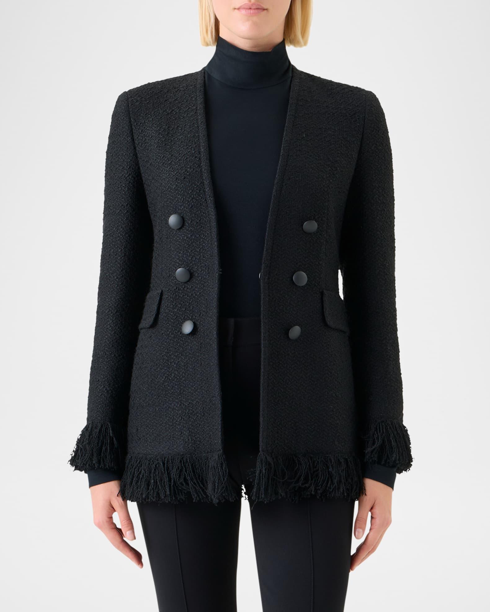 Double-Breasted Illusion Boucle Tweed Fringed Jacket Product Image