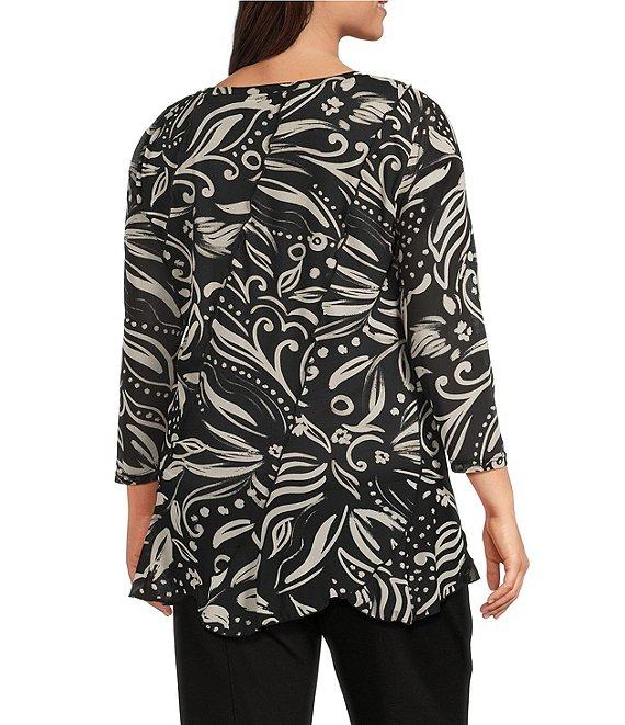 Slim Factor by Investments Plus Size Kiki Paisley Print Crew Neck Long Sleeve Ruffled Hem Lined Top Product Image