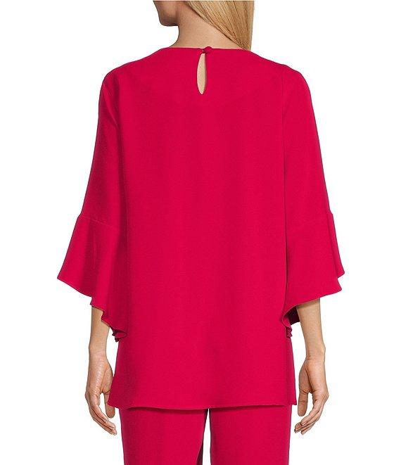 Caroline Rose Julia Matte Crepe Crew Neck 3/4 Ruffled Sleeve High-Low Hem Top Product Image