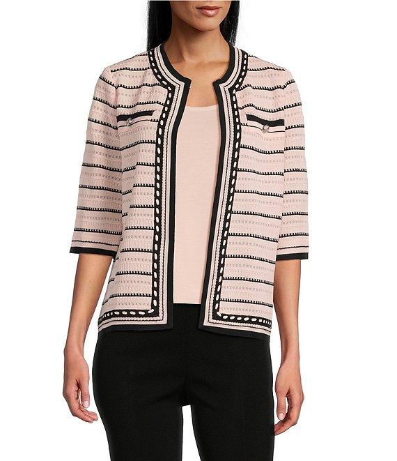 Ming Wang Striped Knit Round Collar 3/4 Sleeve Jacket Product Image