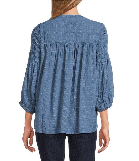 Intro Crinkle Gauze Crew Neck 3/4 Sleeve Smocked Romantic Button-Front Blouse Product Image