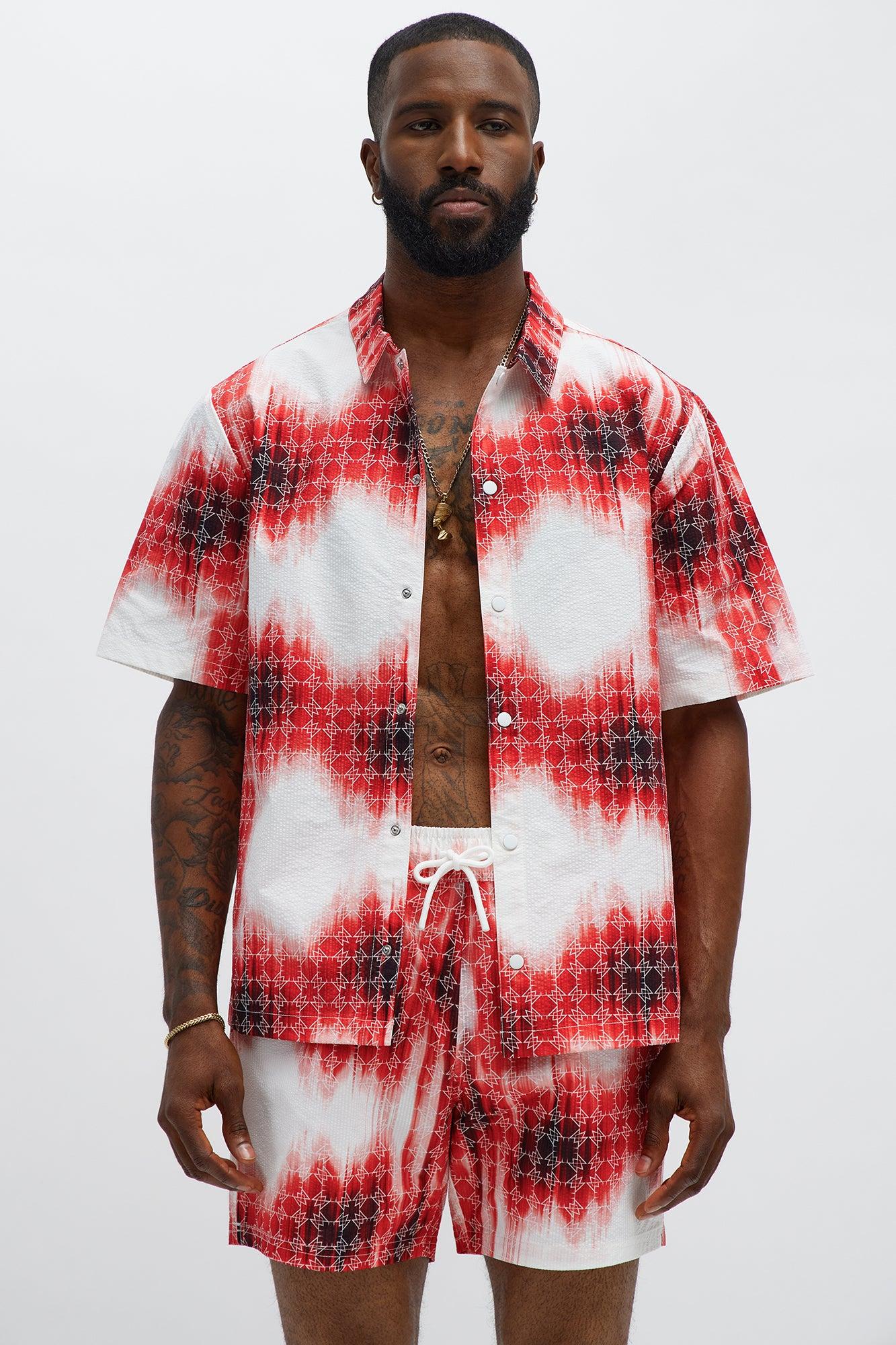 Seersucker Tie Dye Printed Closed Collar Shirt - Red/combo Male Product Image
