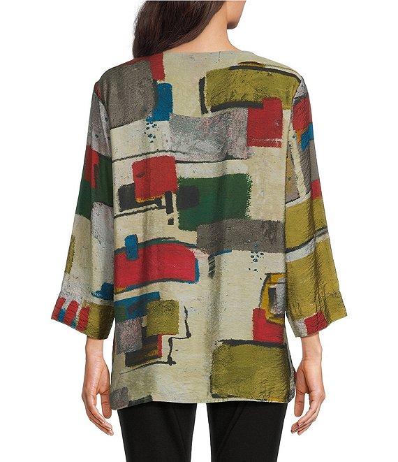 Ali Miles Woven Abstract Multi Print Round Neck 3/4 Sleeve Hi-Low Hem Tunic Product Image