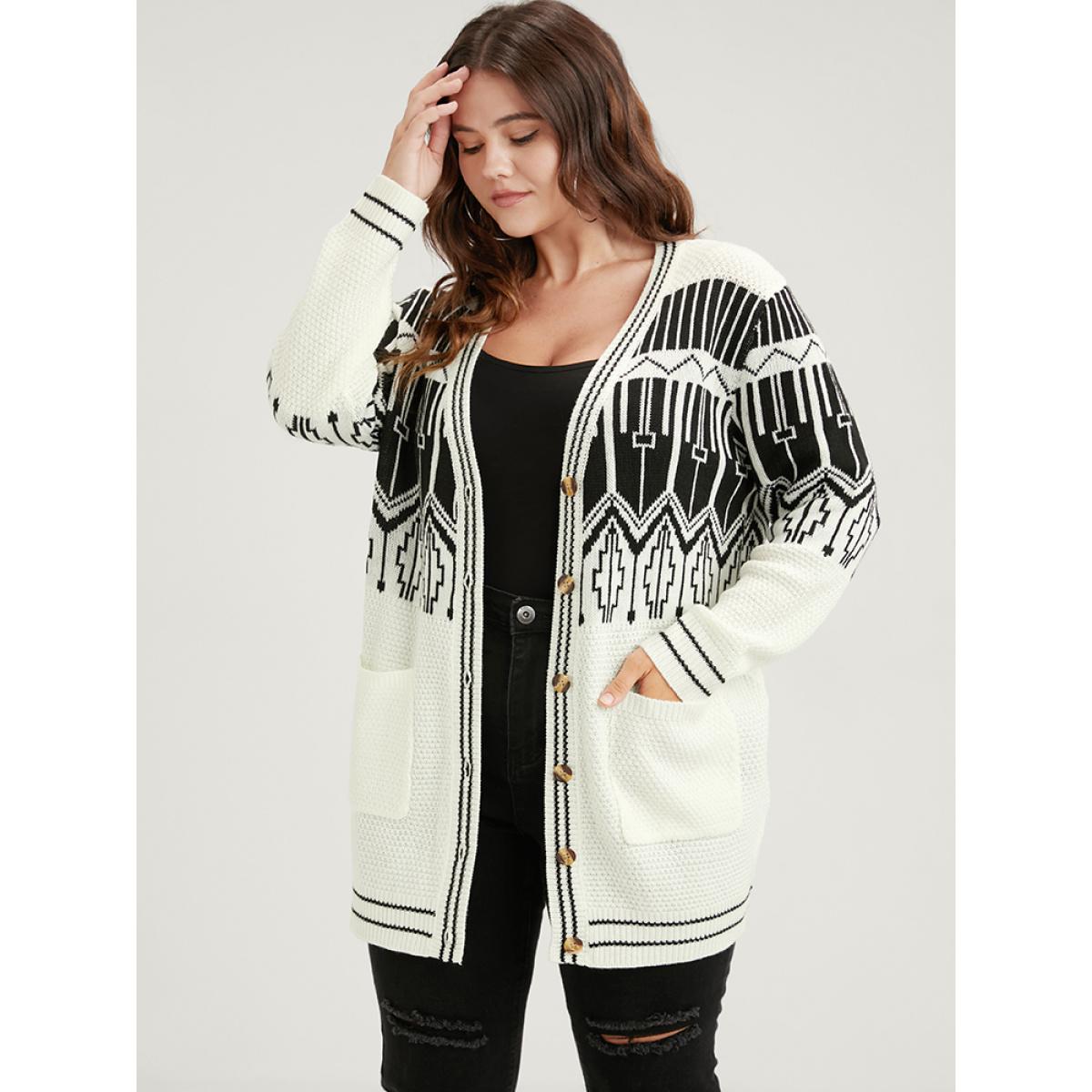 Plus Size Geometric Knitted Jacquard Contrast Pocket Button Front Cardigan White Women Elegant Loose Long Sleeve Dailywear Cardigans BloomChic 14-16/1X Product Image
