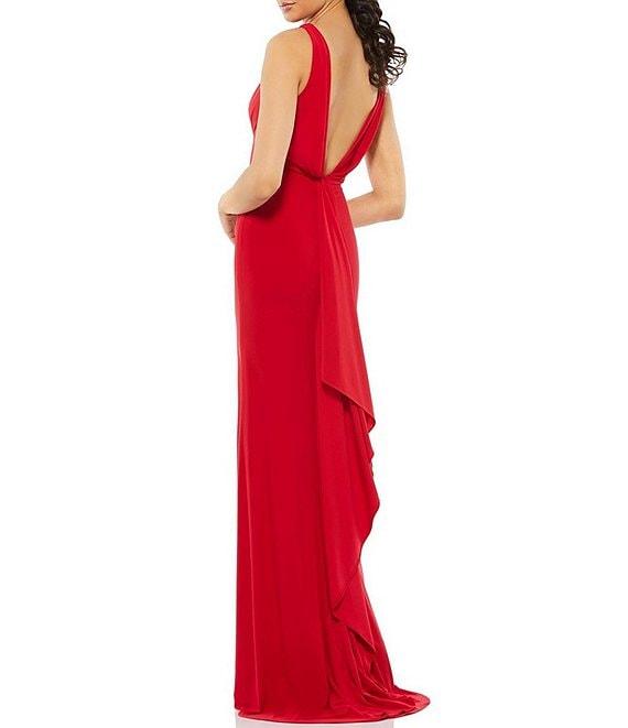 Mac Duggal Ruched Deep V-Neck Sleeveless Low Back Detail Thigh High Slit Gown Product Image