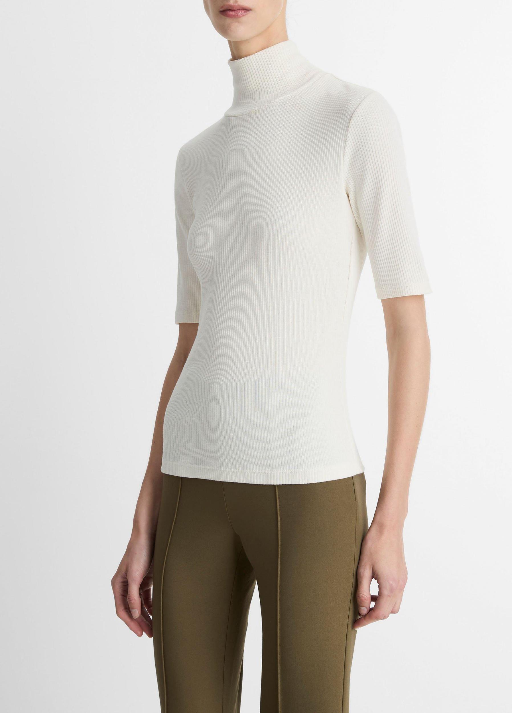Ribbed Cotton Elbow-Sleeve Turtleneck Top Product Image