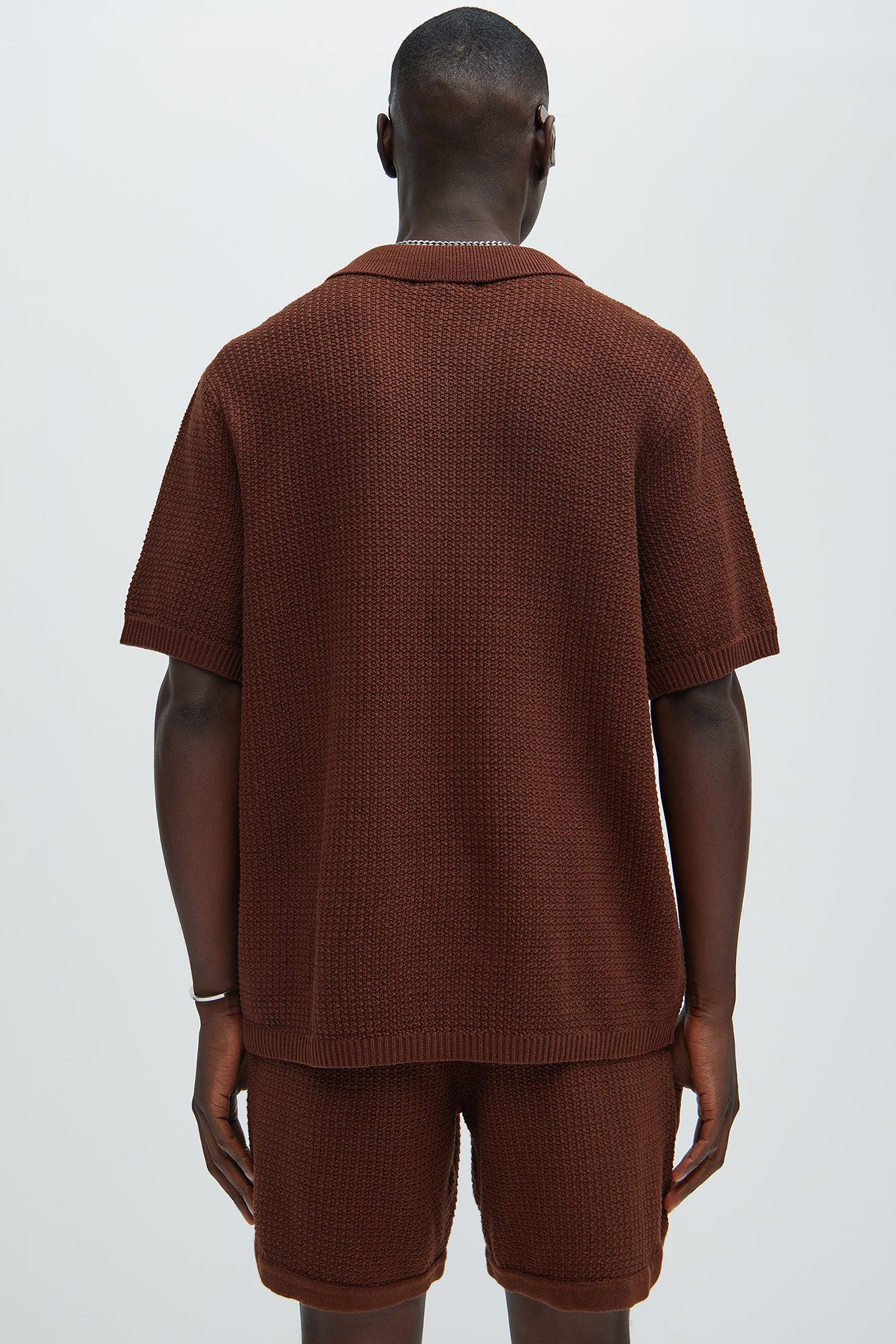Clay Textured Johnny Collar Shirt - Dark Brown Product Image