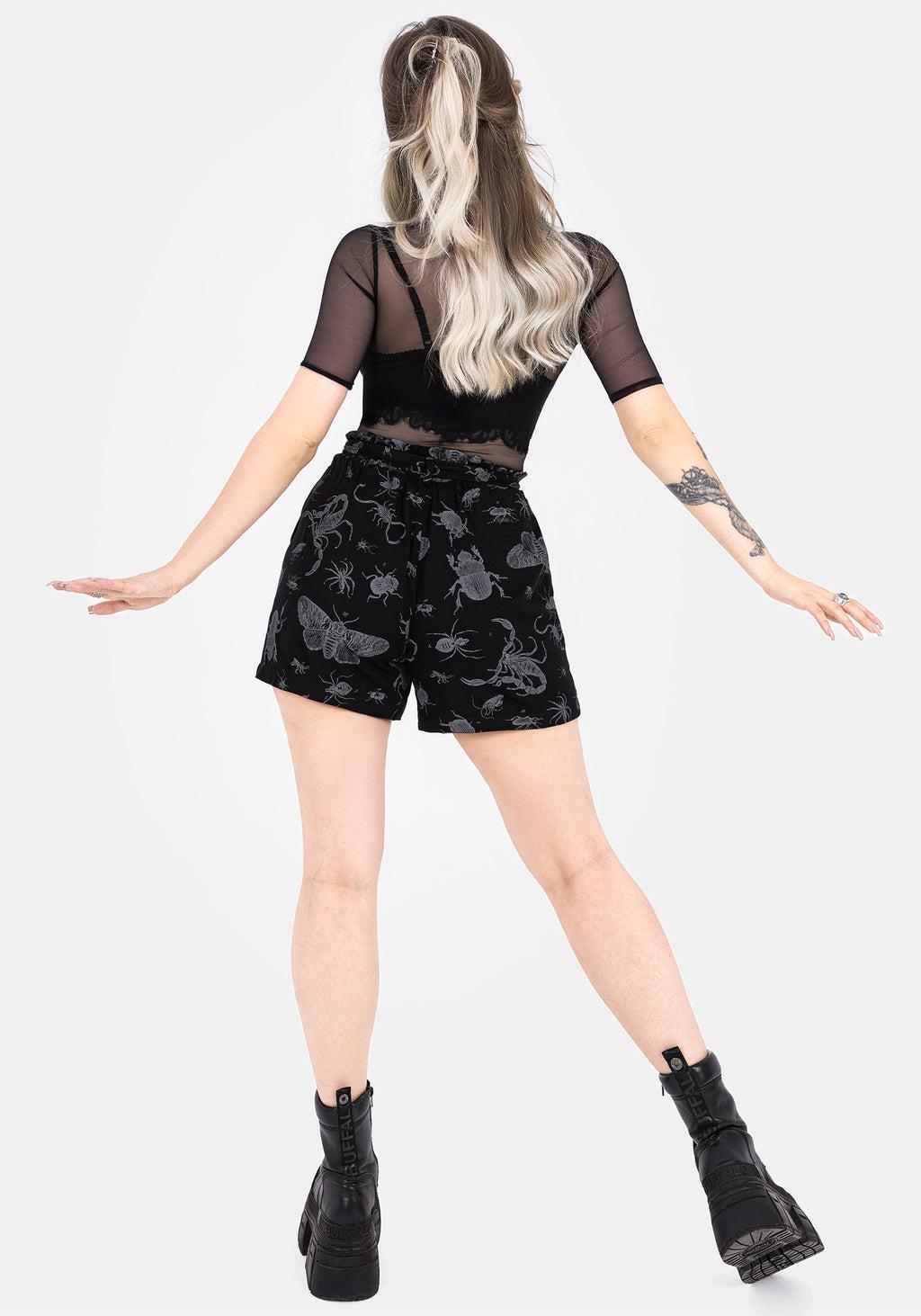 Parasite Bugs Tie Waist Paperbag Shorts - Black Product Image