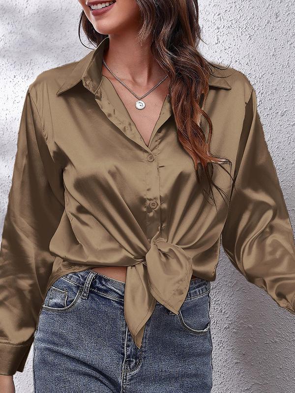 Long Sleeves Loose Solid Color Lapel Blouses Product Image