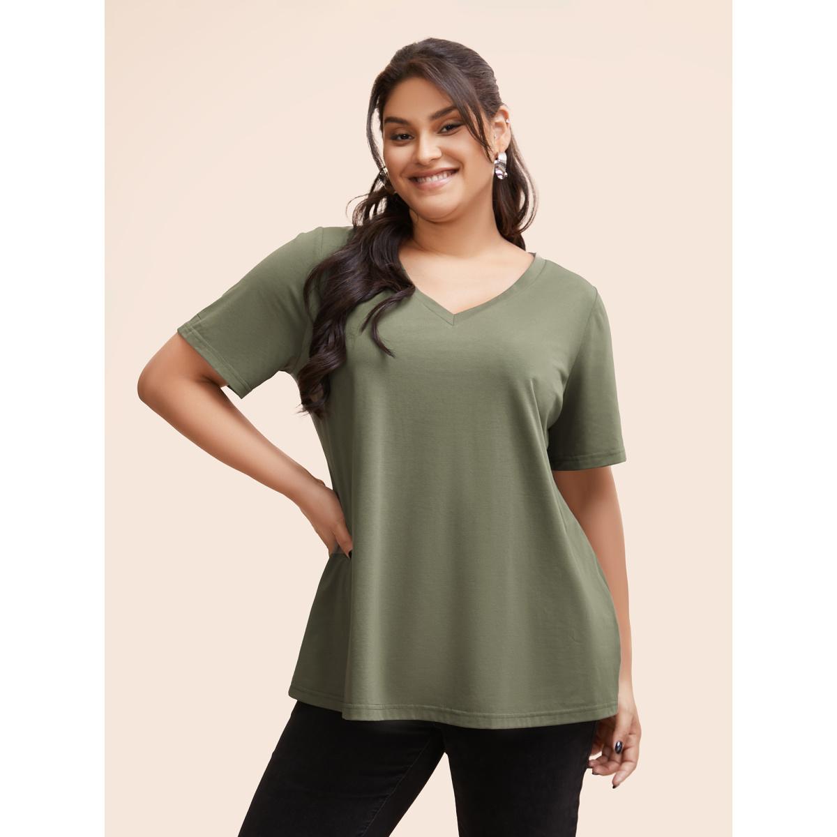 Plus Size Solid Twist Back V Neck Short Sleeve T-shirt Sage Women Casual Plain Plain V-neck Dailywear T-shirts BloomChic 12/L Product Image