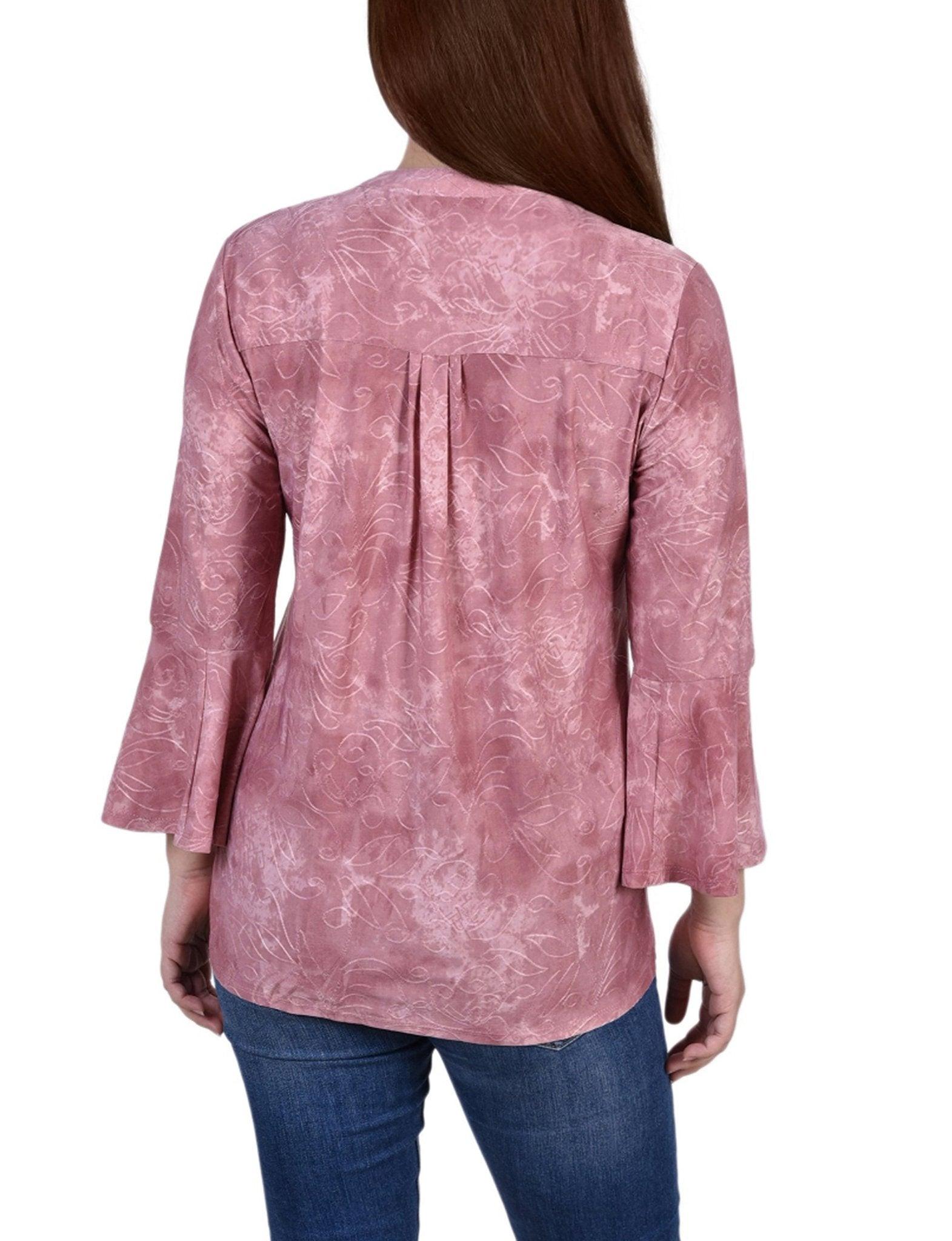 Mauve Tie Dye 3/4 Bell Sleeve Pleat Front Y Neck Top Product Image