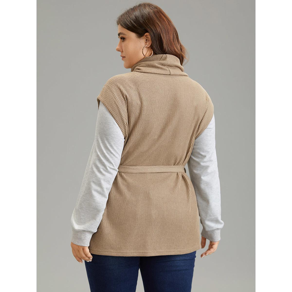 Plus Size 2-In-1 Turtleneck Texture Patchwork Belted Sweatshirt Women LightBrown Casual Texture Turtleneck Dailywear Sweatshirts BloomChic 10/M Product Image