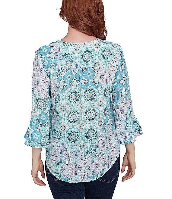 Ruby Rd. Silky Pleated Tile Patchwork Print Split V-Neck 3/4 Ruffle Sleeve Top Product Image