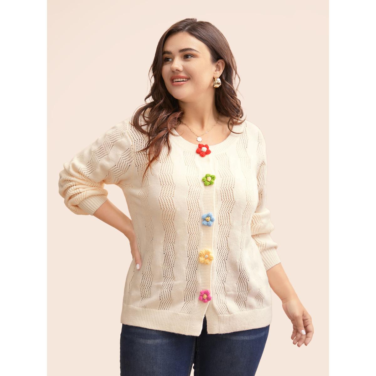 Plus Size Supersoft Essentials Stereo Flower Design Textured Cardigan Beige Women Casual Loose Long Sleeve Everyday Cardigans BloomChic 14-16/1X Product Image