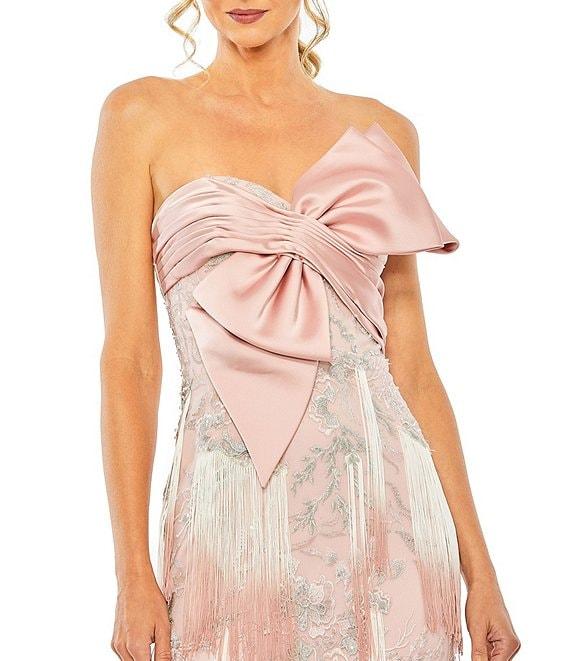 Mac Duggal Bow Front Ombre Fringe Embroidered Sheath Dress Product Image