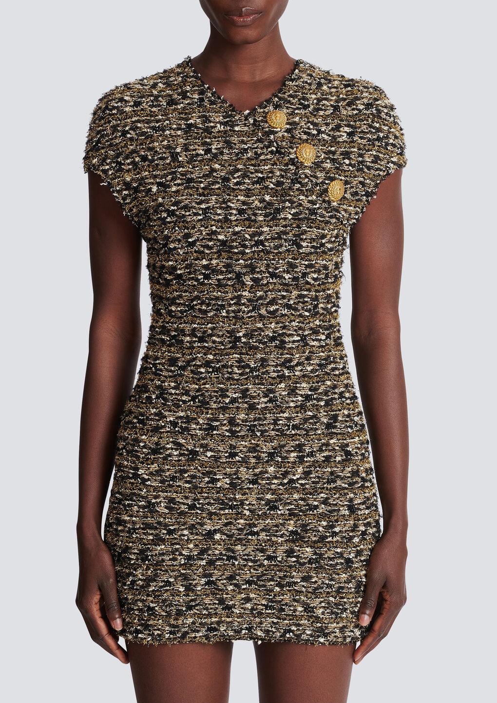 BALMAIN Button-embellished Metallic Bouclé-tweed Mini Dress In Black Gold Product Image