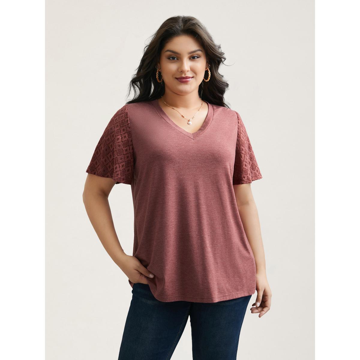 Plus Size Stretchy Flared Lace Sleeves T-Shirt Russet Women Elegant Patchwork V-neck Everyday T-shirts BloomChic 18-20/2X Product Image