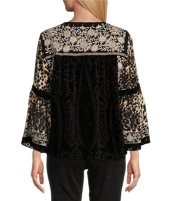 John Mark Woven Velvet Embroidered Round Neck 3/4 Sleeve Top Product Image