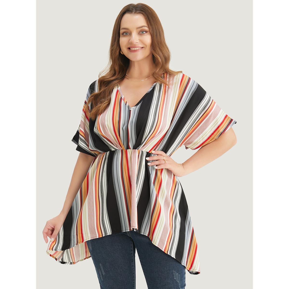 Plus Size Multicolor Striped Contrast Dolman Sleeve Asymmetrical Hem Blouse Women Vacation Short sleeve V-neck Dailywear Blouses BloomChic 14-16/1X Product Image