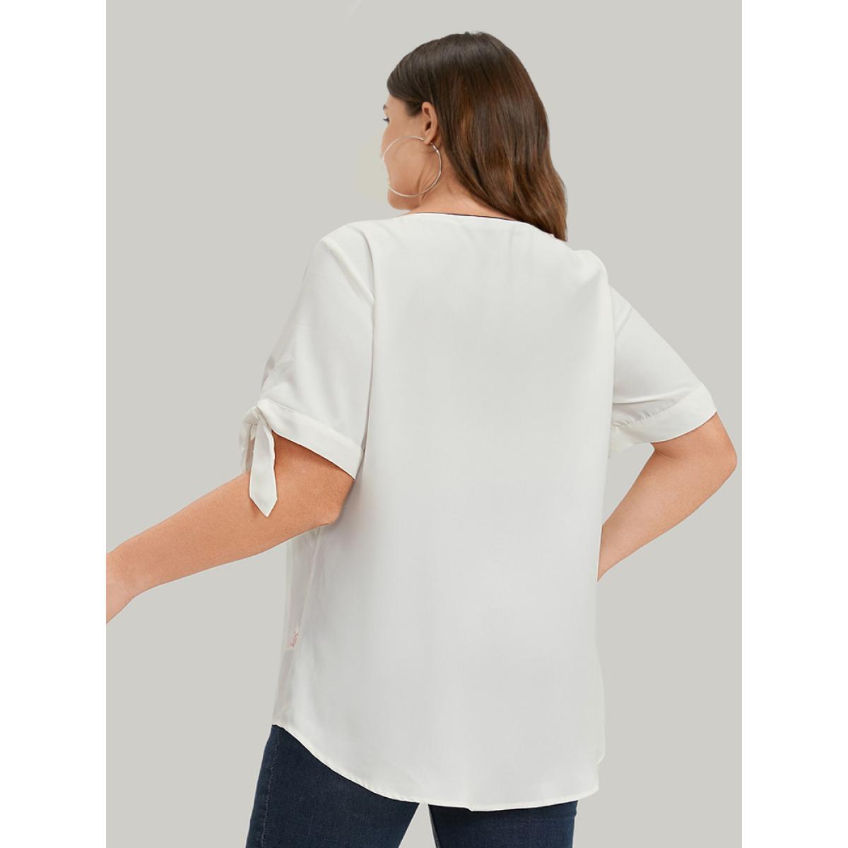 Plus Size Ivory Contrast Trim Knot High Low Hem Blouse Women Office Short sleeve V-neck Office Blouses BloomChic 10/M Product Image