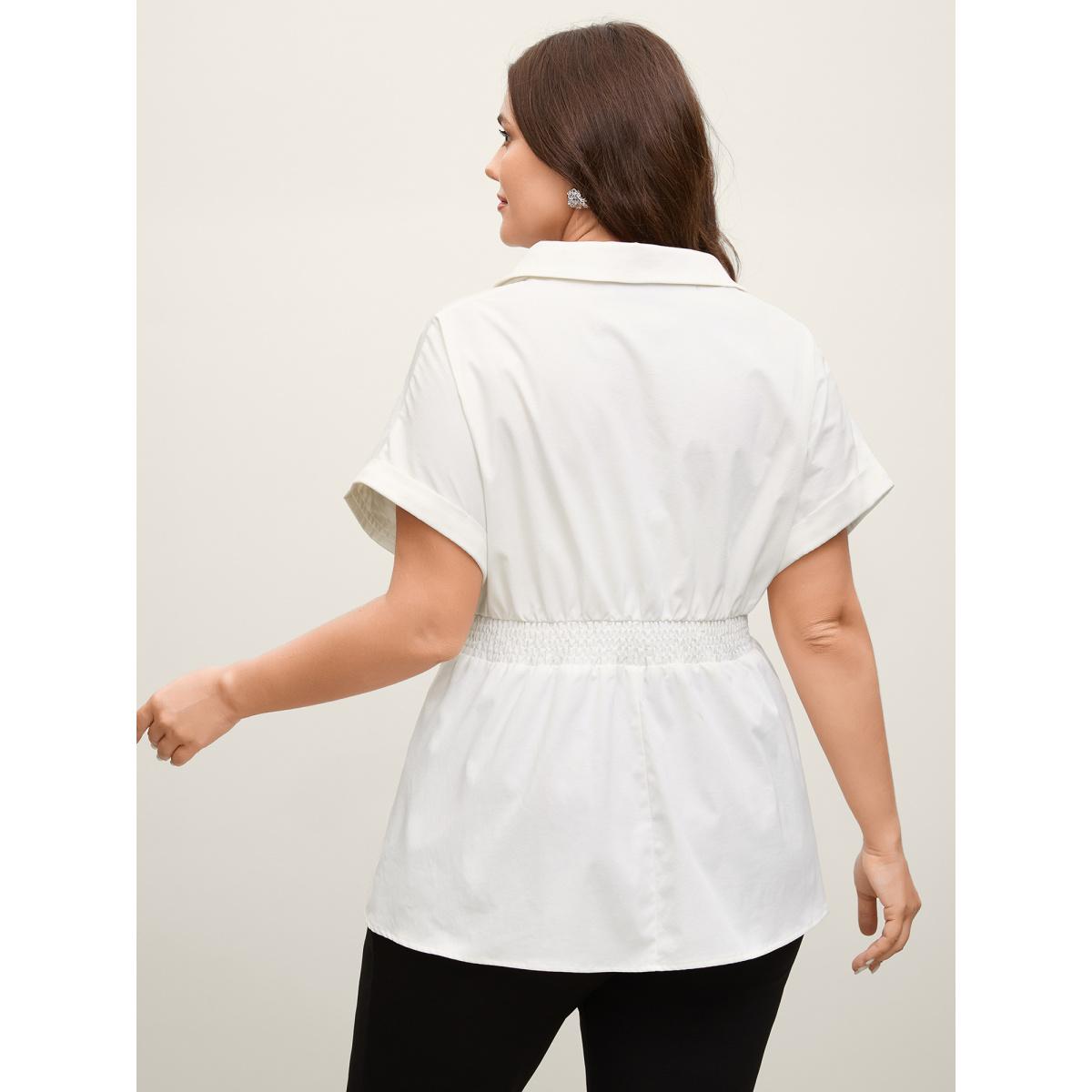 Plus Size Originalwhite Double Belt Waist-Cinched Shirred Blouse Women Office Short sleeve Shirt collar Office Blouses BloomChic 22-24/3X Product Image