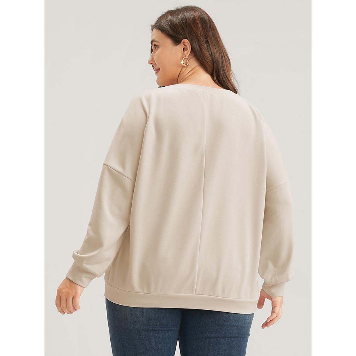 Plus Size Solid Letter Embroidered Drop Shoulder Sweatshirt Women Beige Casual Embroidered Loose Round Neck Dailywear Sweatshirts BloomChic 14-16/1X Product Image