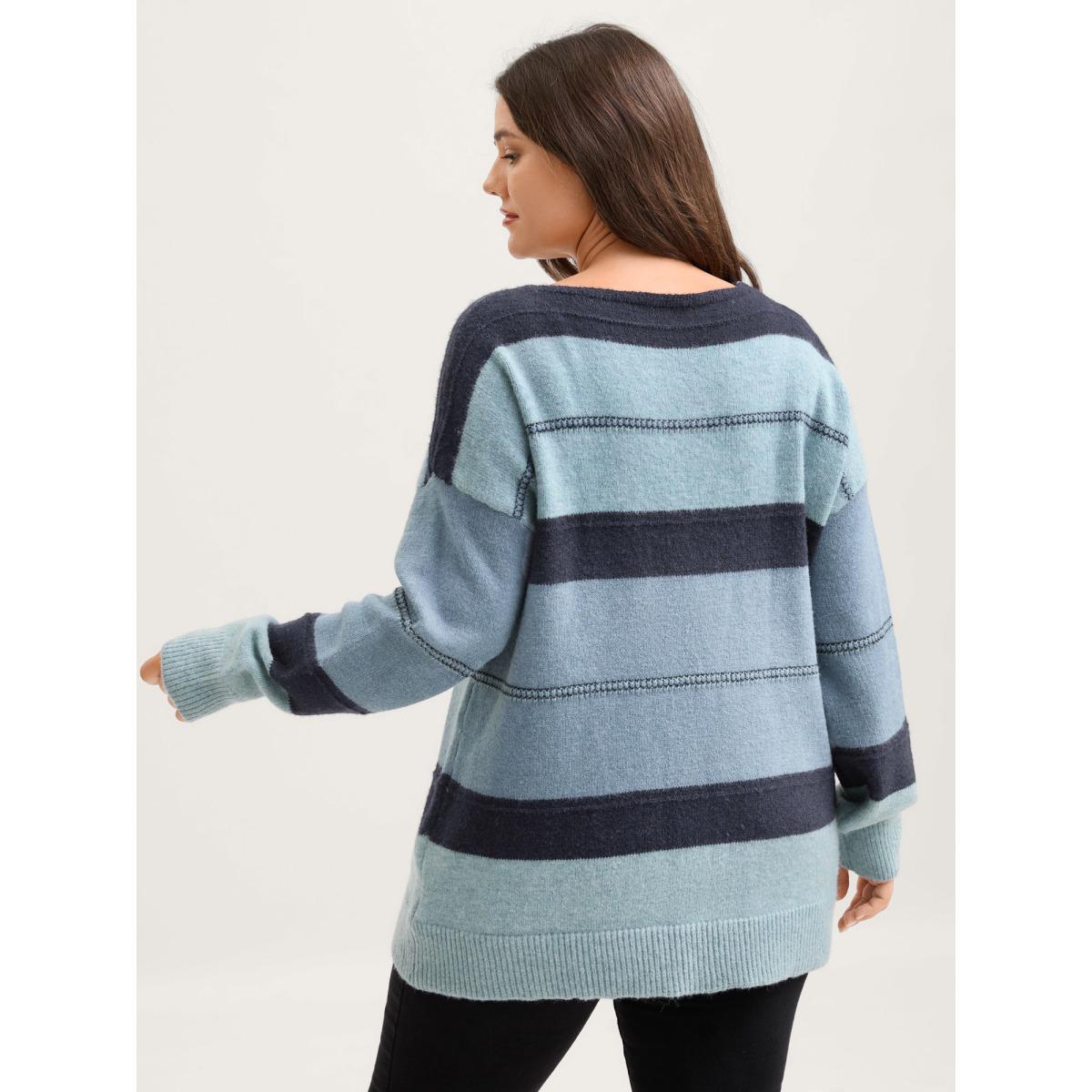 Plus Size Striped Print Color Contrast Pullover Stone Women Leisure Loose Long Sleeve V-neck Casual Pullovers BloomChic 26/4X Product Image