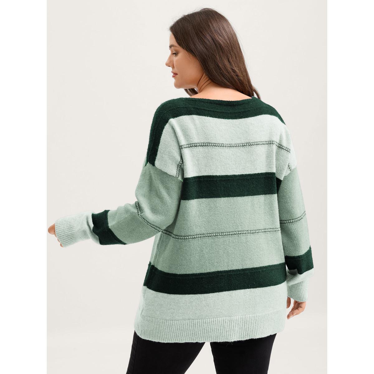 Plus Size Striped Print Color Contrast Pullover Greenbean Women Leisure Loose Long Sleeve V-neck Casual Pullovers BloomChic 12/L Product Image