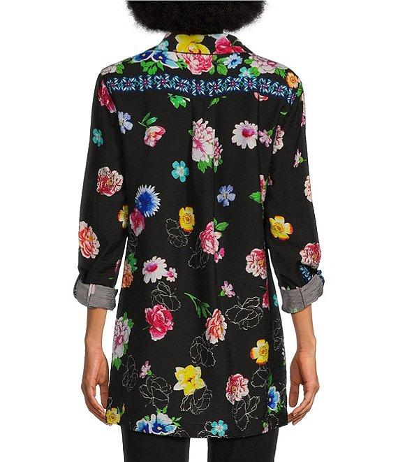 John Mark Floral Point Collar Long Roll-Tab Sleeve Button-Front Tunic Product Image
