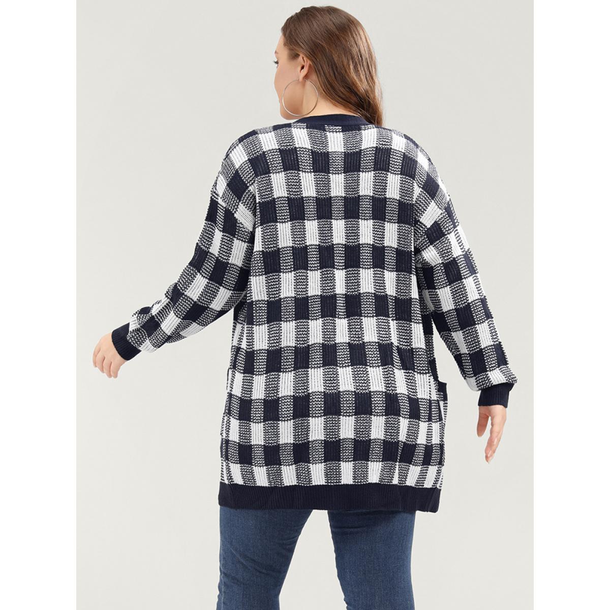 Plus Size Plaid Pointelle Knit Pocket Button Front Cardigan Midnight Women Elegant Loose Long Sleeve Dailywear Cardigans BloomChic 28/5X Product Image