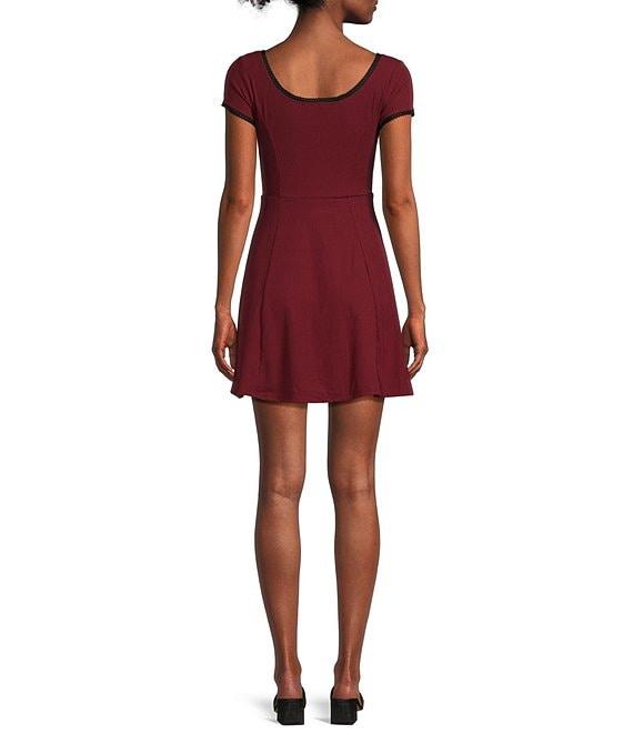 Honey & Sparkle 90s Rib Knit Scoop Neck Pico Edge Rosette Trim Short Sleeve A-Line Skater Dress Product Image