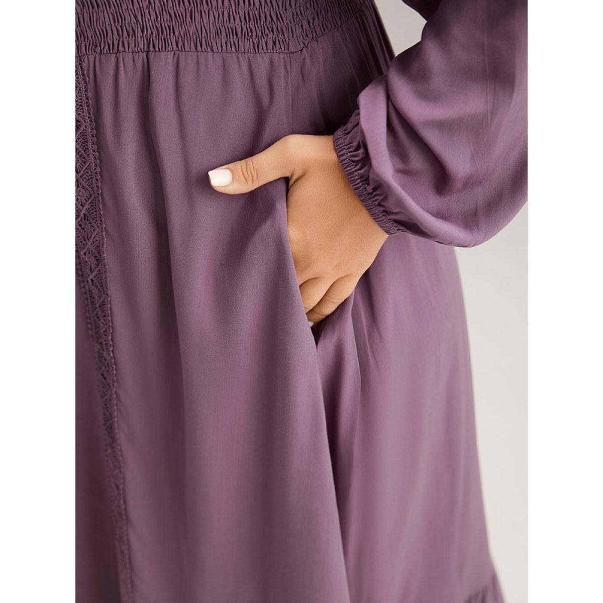 Plus Size Solid Eyelet Lace Shirred Wrap Flutter Hem Dress Mauve Women Elegant Elastic cuffs V-neck Long Sleeve Curvy Midi Dress BloomChic 22-24/3X Product Image