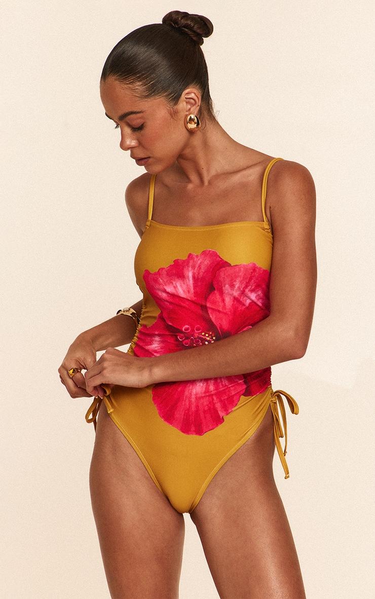 Mustard Hibiscus Print Strappy Swimsuit Product Image