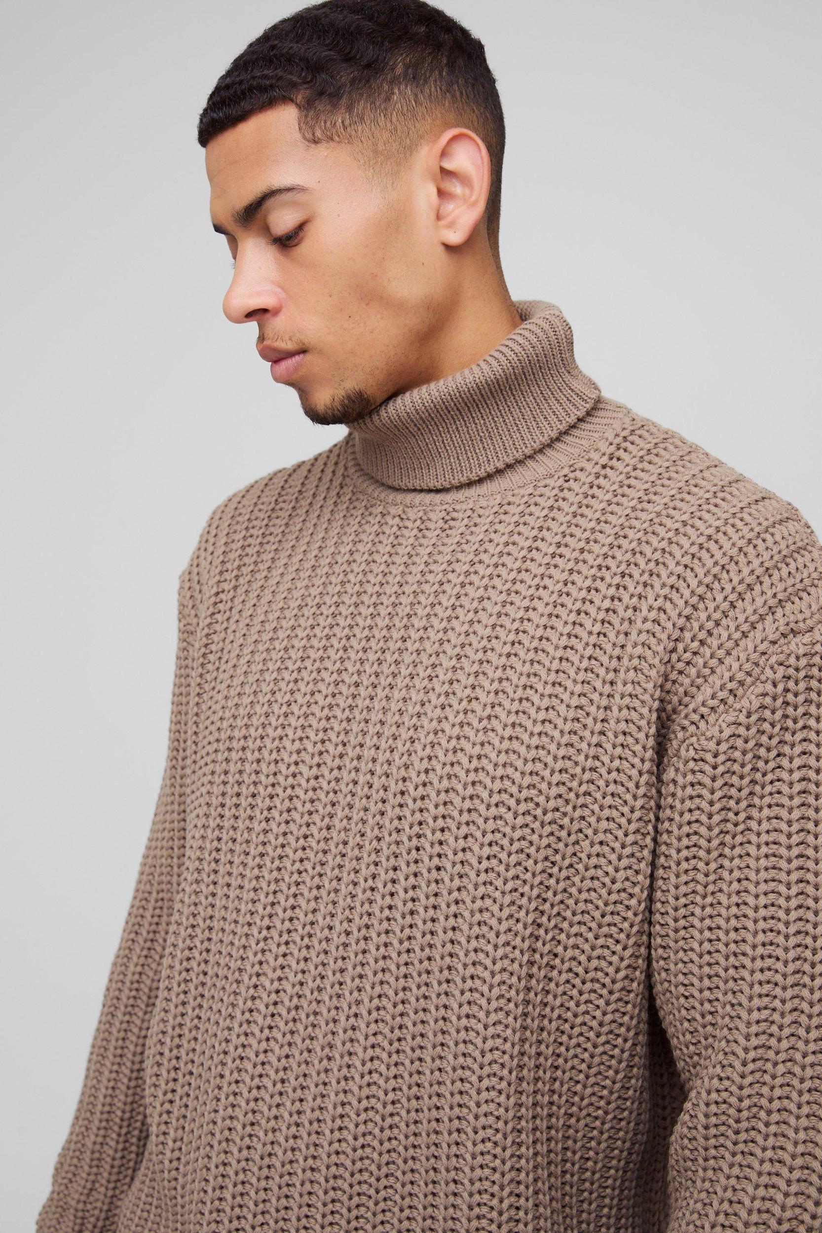 Oversized Boxy Fishman Ribbed Roll Neck Knitted Sweater | boohooMAN USA Product Image