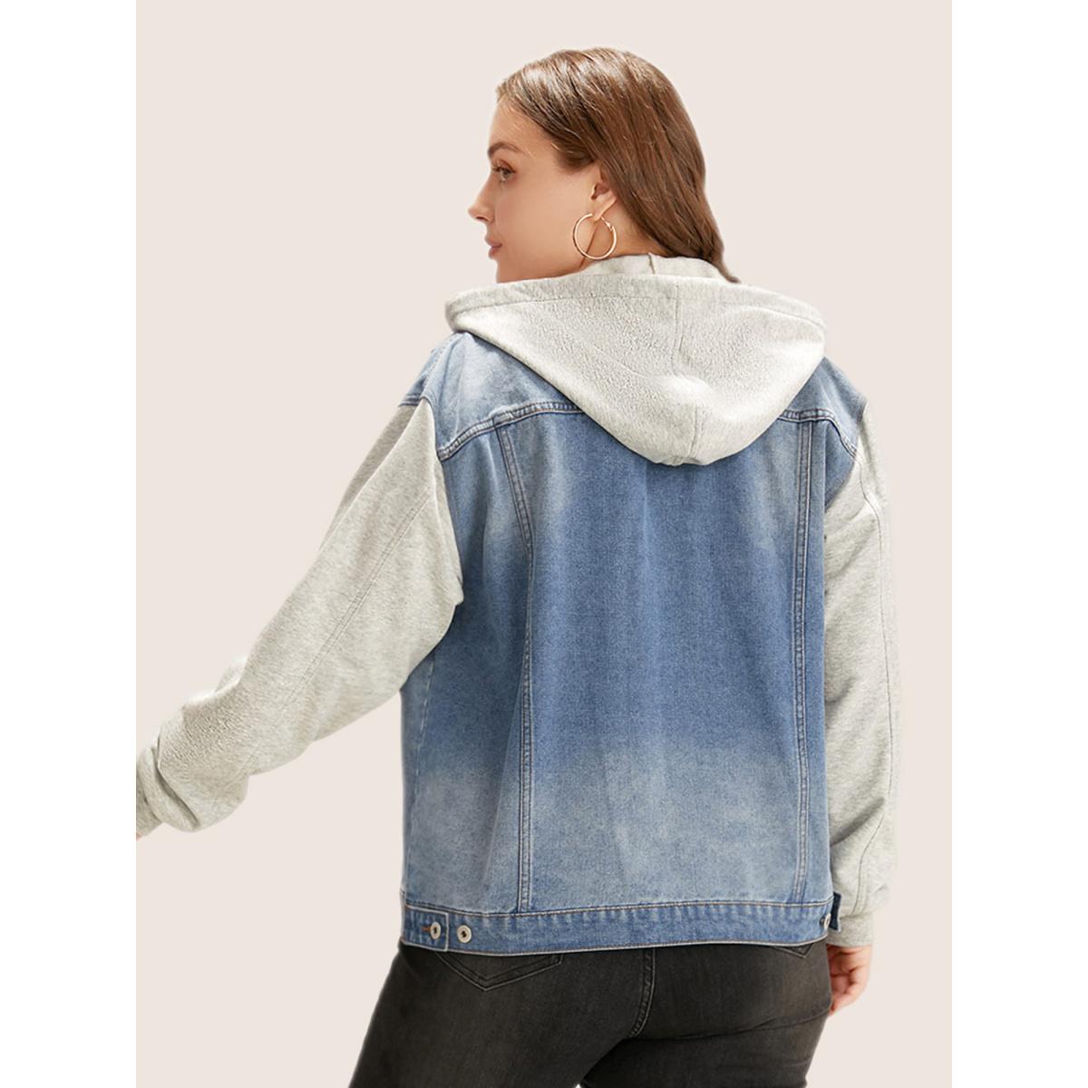 Women Hooded Patchwork Flap Pocket Denim Jacket Stone Plus Size Plain Contrast Casual Slanted pocket Leisure Denim Jackets BloomChic 28/5X Product Image