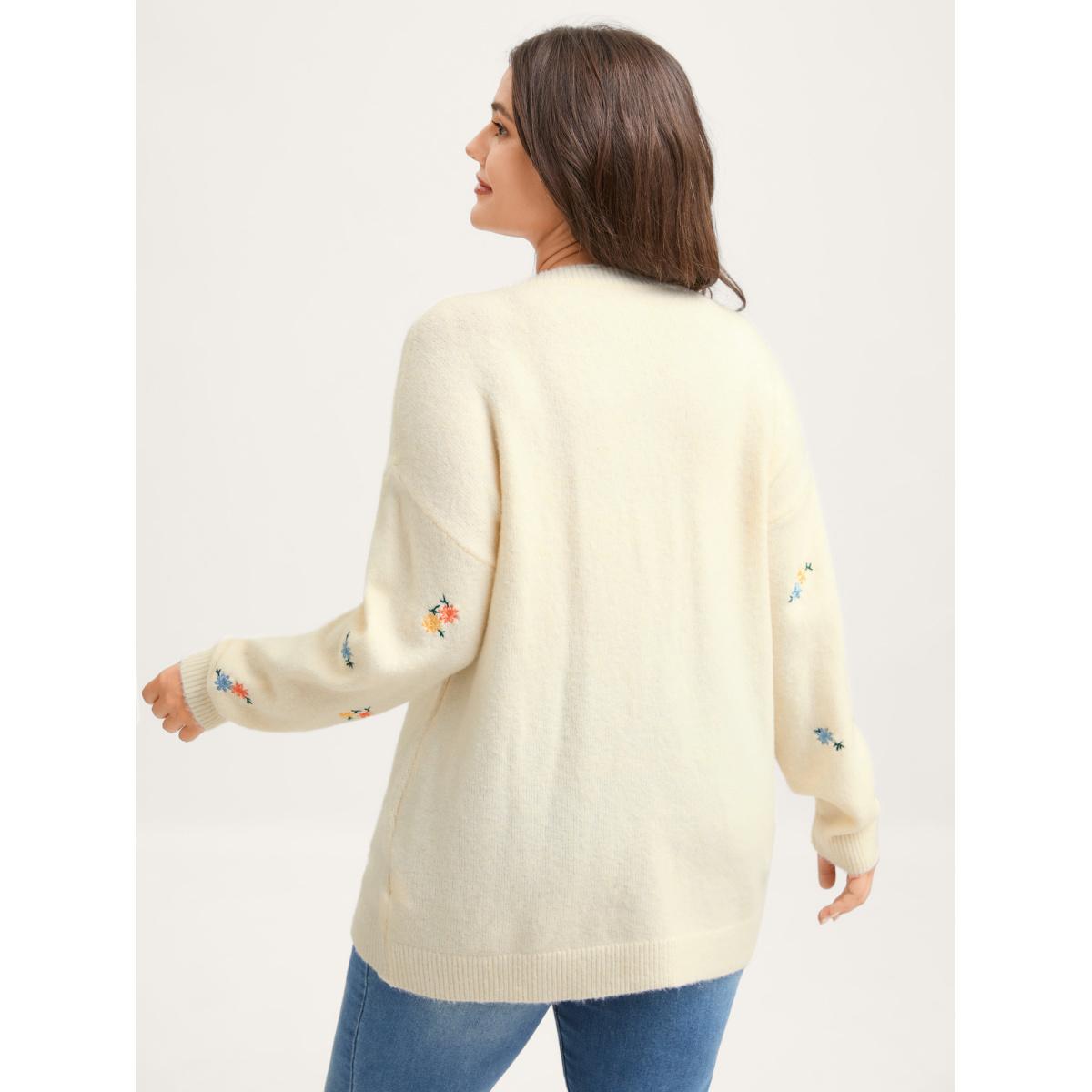 Plus Size Micro Floral Embroidery Ribbed Hem Pullover Ivory Women Leisure Loose Long Sleeve Round Neck Casual Pullovers BloomChic 12/L Product Image