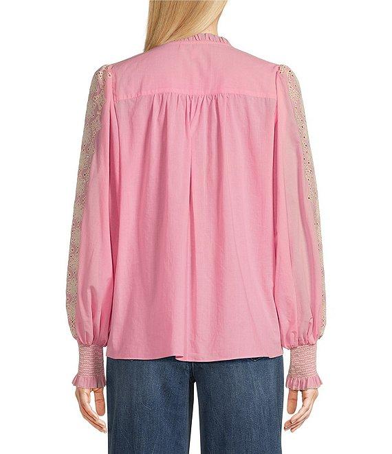 Gibson & Latimer Woven Embroidered Floral Ruffled Slit Round Button Front Neck Long Blouson Sleeve Hi-Low Shirttail Blouse Product Image