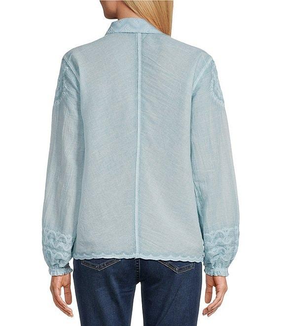 Reba Fancy Woven Point Collar Long Blouson Sleeve Scalloped Lace Button Front Top Product Image