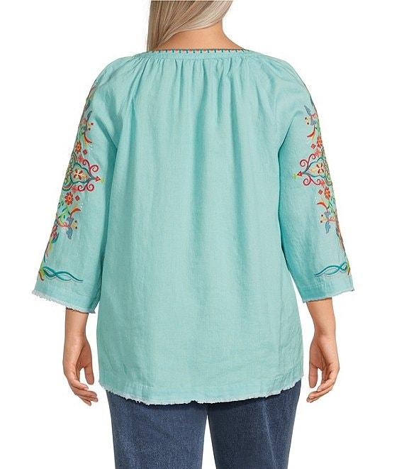 John Mark Plus Size Woven Embroidered Split V-Neck 3/4 Sleeve Hi-Low Hem Tunic Product Image
