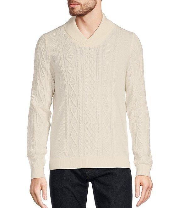 Murano Inflorescence Collection Solid Cable Textured Wool Blend Shawl Collar Sweater Product Image