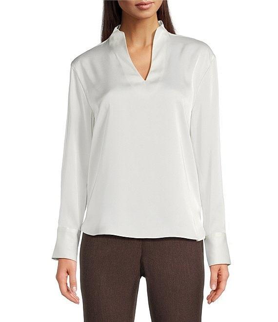 Calvin Klein Charmeuse Deep V-Neck Long Sleeve Blouse Product Image