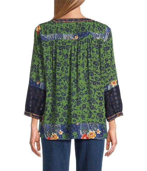 John Mark Embroidered Printed Y-Neck 3/4 Sleeve Pintuck Peasant Tunic Product Image