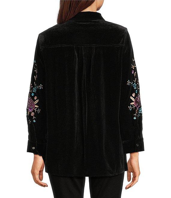 Calessa Embroidered Floral Point Collar Long Sleeve Button Front Velvet Shirt Product Image