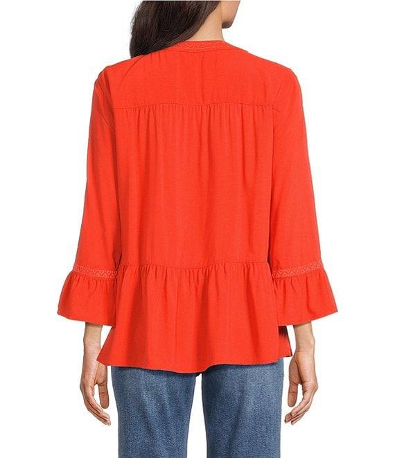 John Mark Split Neck 3/4 Sleeve Embroidered Motif Tunic Product Image