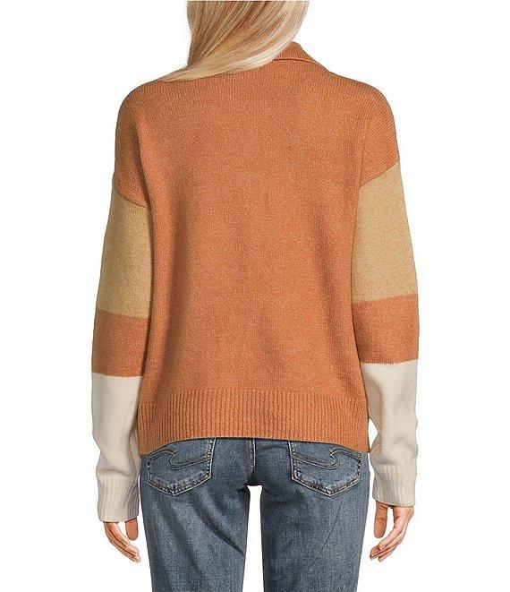 Takara Color Block Split V-Neck Collared Long Sleeve Pullover Sweater Product Image