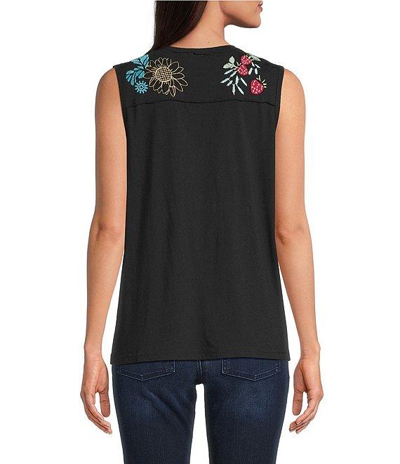 JOHNNY WAS Embroidered Floral Cotton Knit Raw Edge Detail Round Neck Henley Sleeveless Tank Product Image