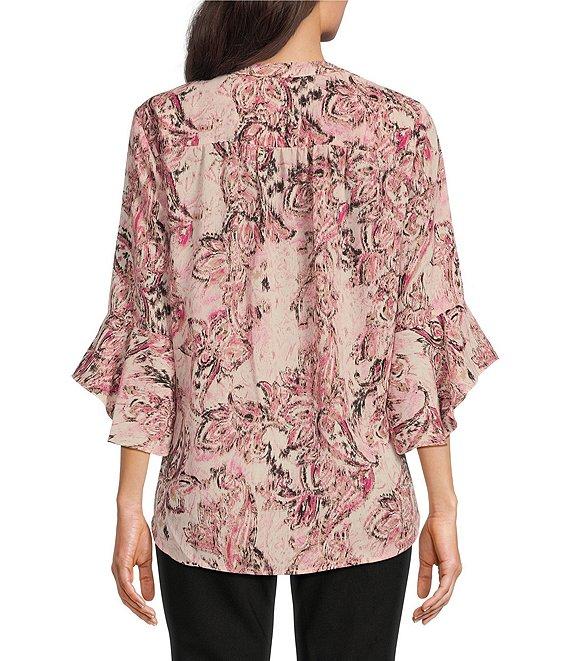 Jones New York Paisley Printed Crepe De Chine V-Neck Flare Sleeve Pleat Front Tunic Product Image