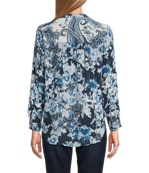Figueroa & Flower Woven Printed Mandarin Collar Long Roll-Tab Sleeve Tie Front Blouse Product Image