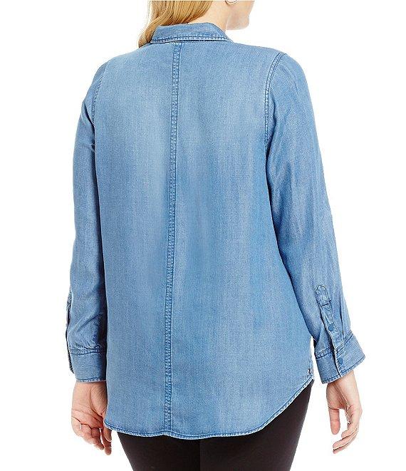 Intro Plus Size Button Front Slub Point Collar Roll-Tab Long Sleeve Lyocell Shirt Product Image