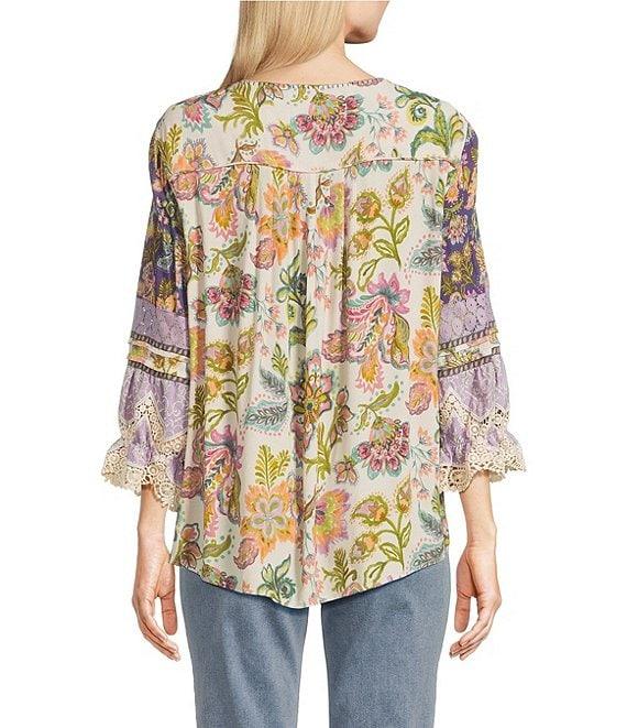 John Mark Embroidered Floral Split Tassel Tie Neck 3/4 Ruffle Sleeve Peasant Top Product Image